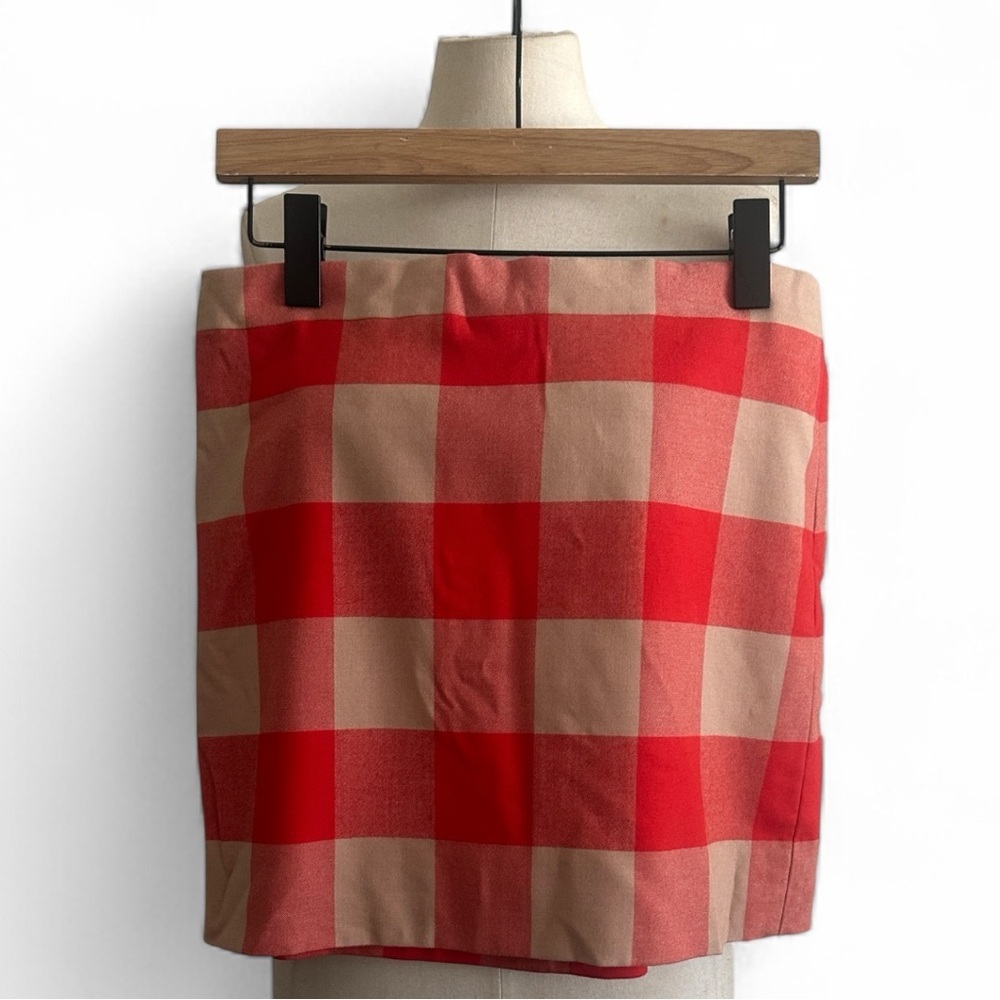 J. Crew GINGHAM Red and Tan WOOL Checkered LINED Skirt SZ MED 8